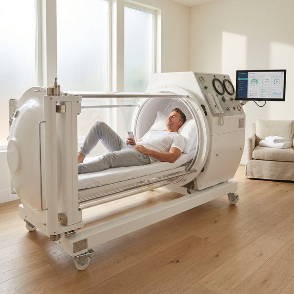 Hyperbaric Chamber Designed for Therapeutic Recovery, Transparent Cylindrical Shell, Integrated Control Panel